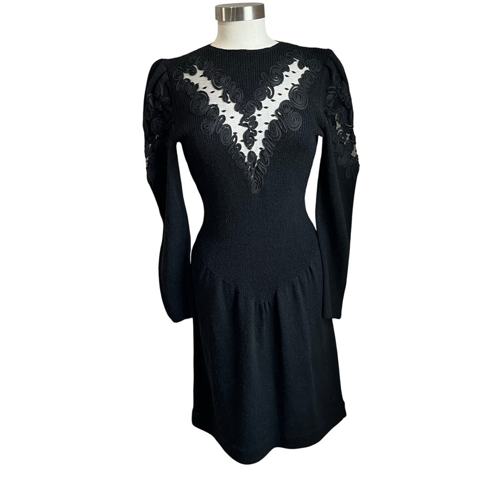Pat Sandler Wellmore For Saks‎ Fifth Avenue Black Santana Knit Puff Sleeve Dress